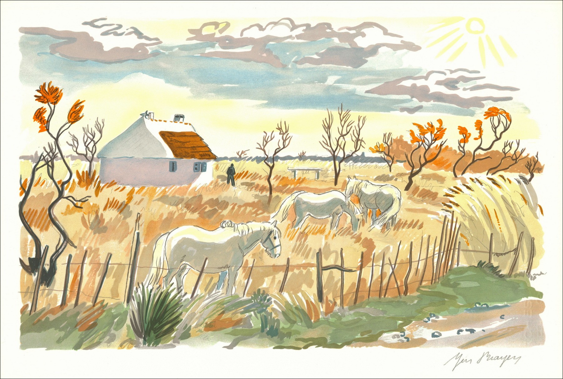 Yves Brayer - Vista de Provenza, Caballos de Camargue
