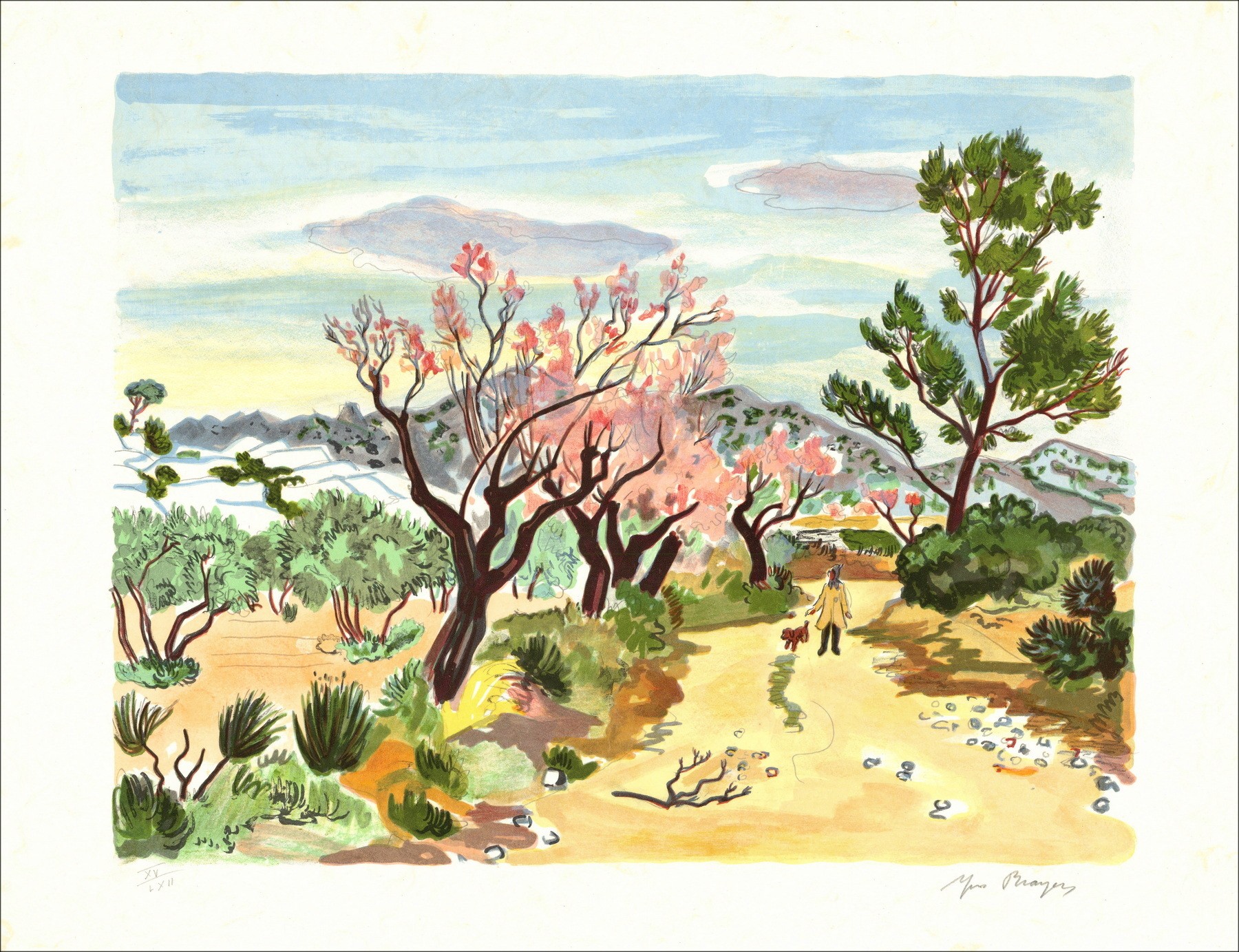 Yves Brayer - Almond trees in spring (1973), lithograph