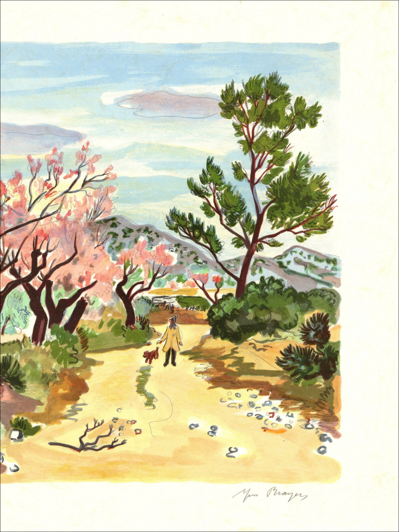 Yves Brayer - Almond trees in spring (1973), lithograph