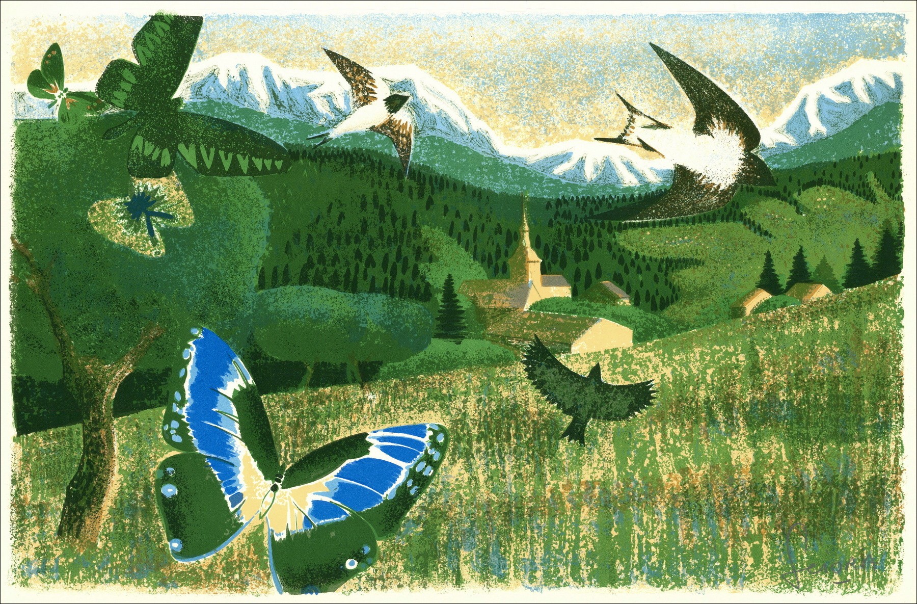 SCIORA Daniel - Lithographie originale "Les oiseaux" 34x52cm - 1974