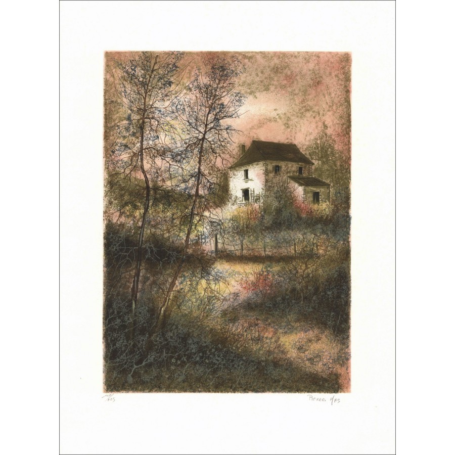 Pierre MAS - Litografia originale "Casa di campagna 02" 75x54cm