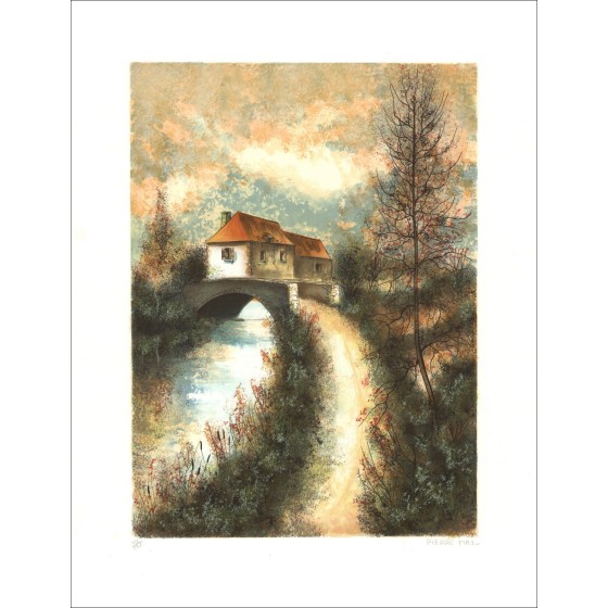 Pierre MAS - Lith Origin Original "De brug van het dorp" 75x54cm
