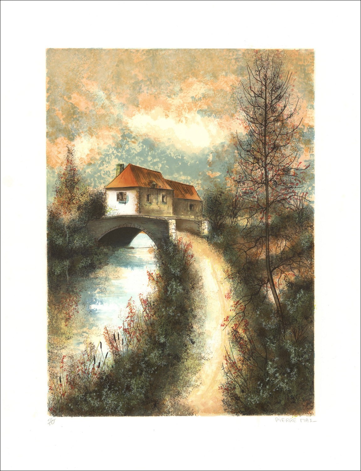 Pierre MAS - Litografía original "El puente del pueblo" 75x54cm