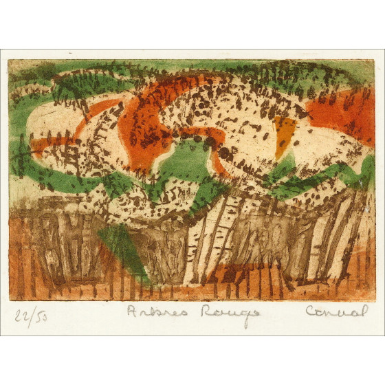 Betty Connal – Arbres rouges, gravure signée sur vélin