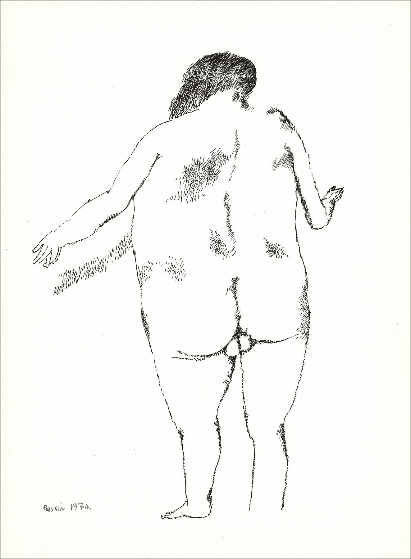 Jean Rustin – Man naked standing, original drawing in ink 1974