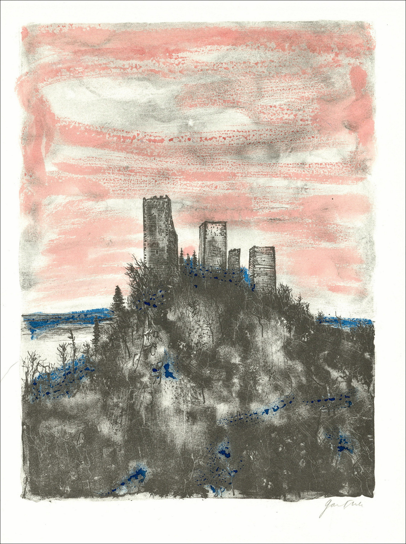 Bernard Gantner – Les Trois Châteaux du Haut-Eguisheim, lithographie 1