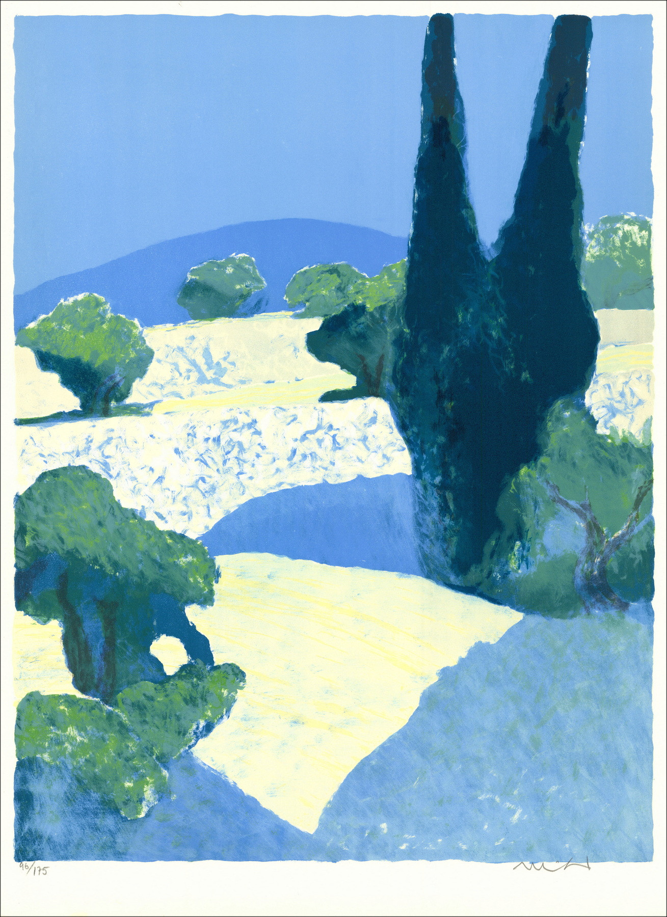 Roger Muhl – Paysage au cyprès, lithographie originale signée
