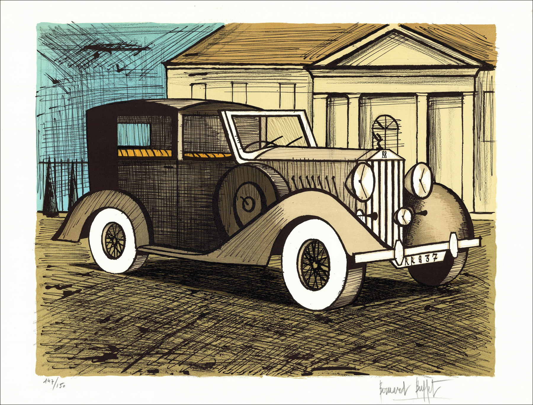 Bernard Buffet - Rolls Royce 1937 grau, original signierte Lithographie