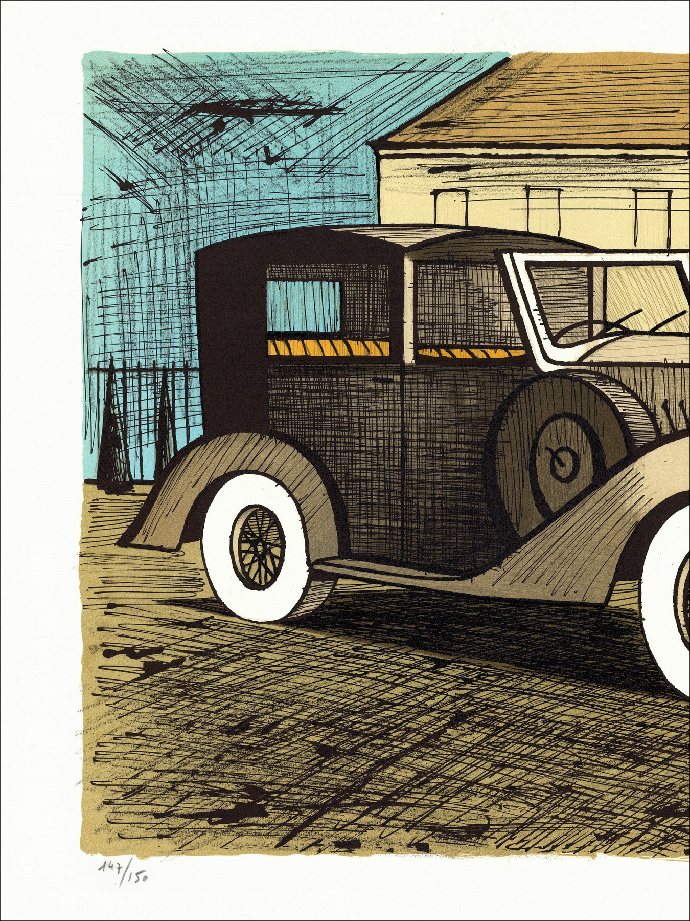 Bernard Buffet - Rolls Royce 1937 grau, original signierte Lithographie