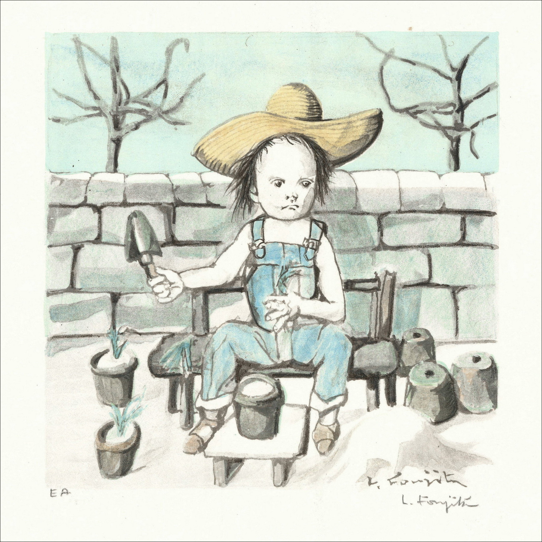 Leonard Foujita - Il giardiniere, originale litografico circa 1963