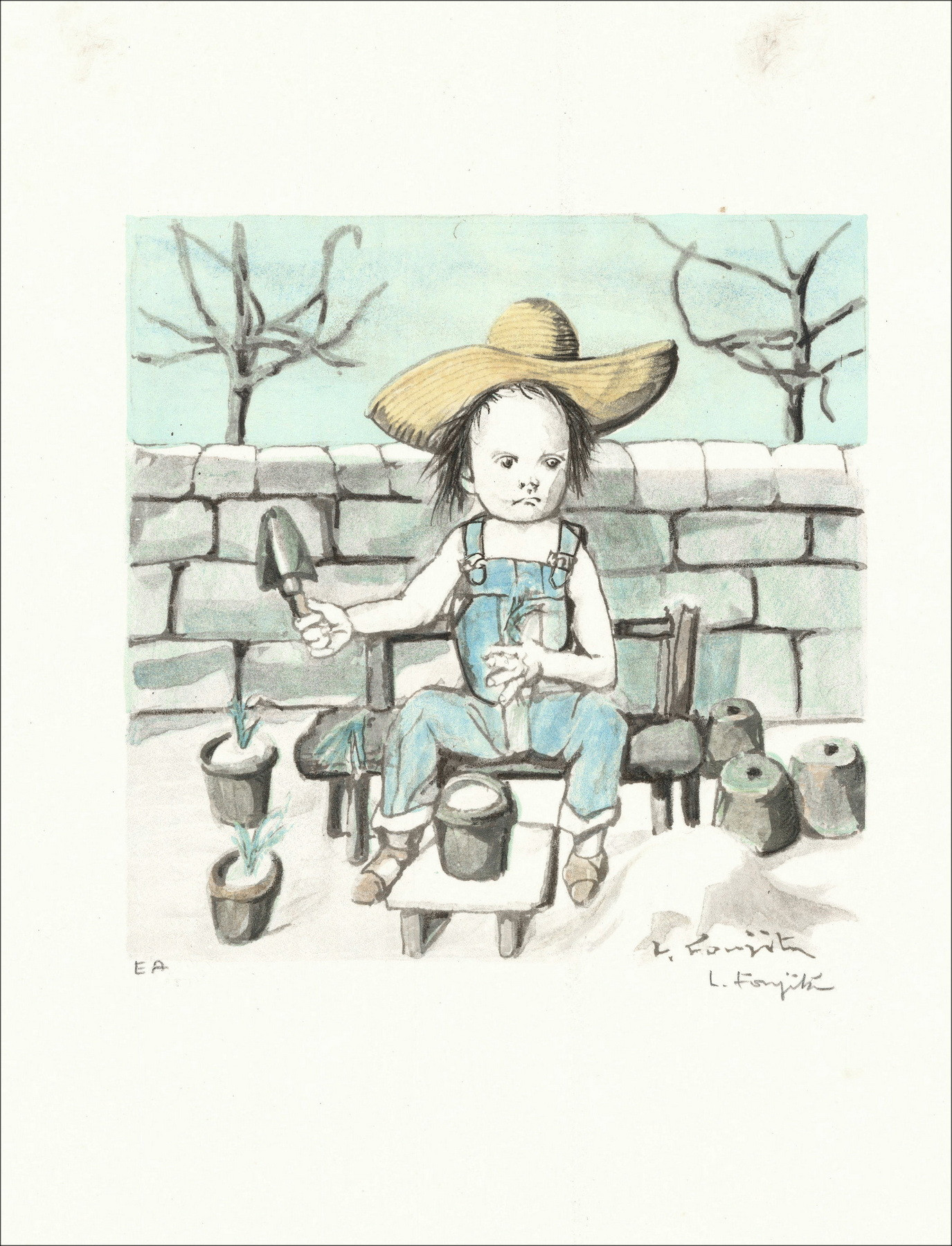 Leonard Foujita - Il giardiniere, originale litografico circa 1963