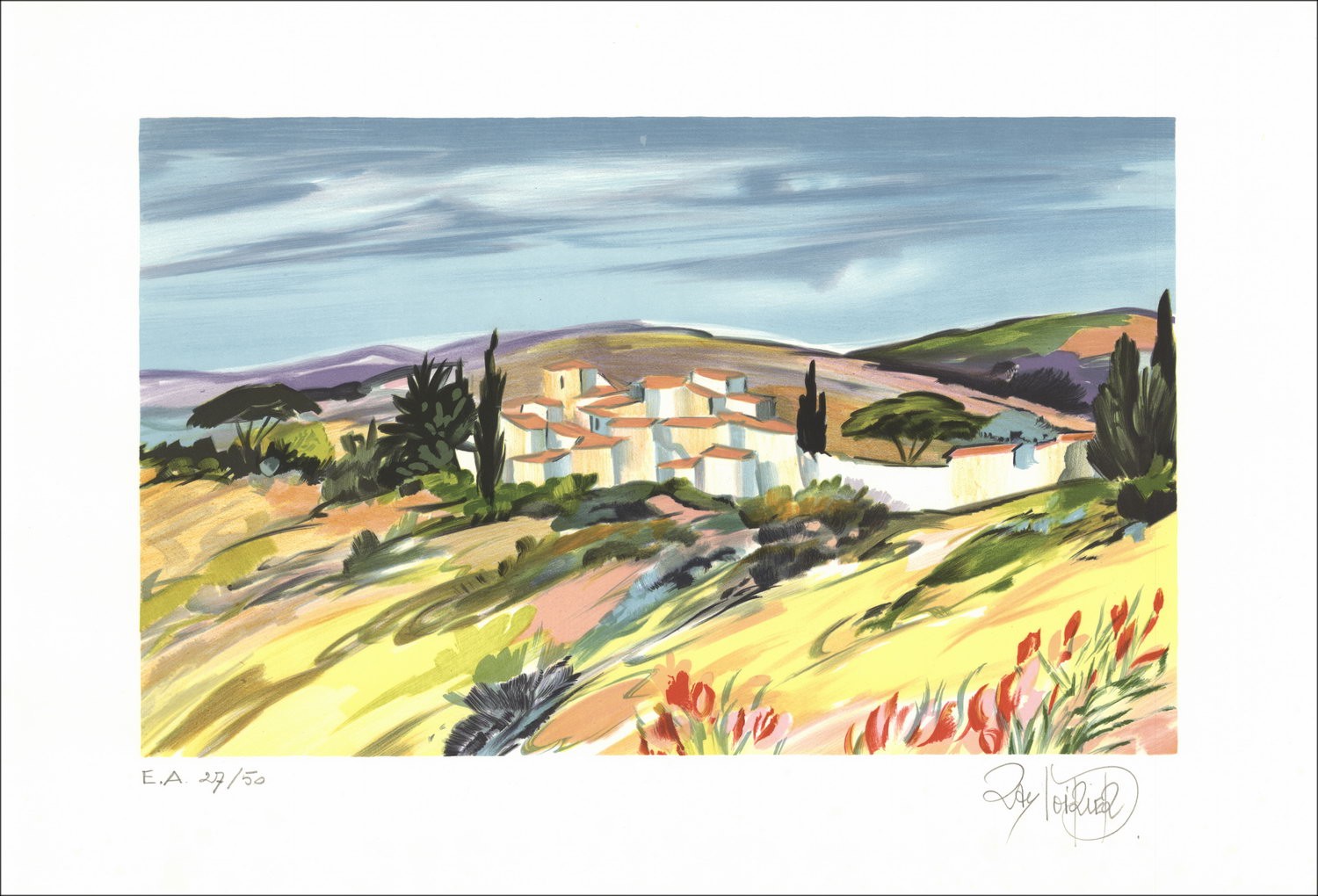 Ray Poirier - Litografía original "Provence Landscape 05" 38x56cm Firmado en lápiz
