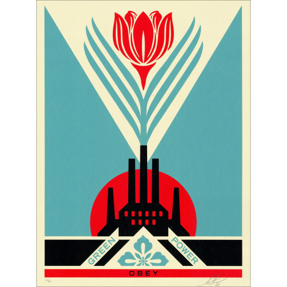 Shepard Fairy - Power Green Factory Blue, Serigrafia firmata 2023