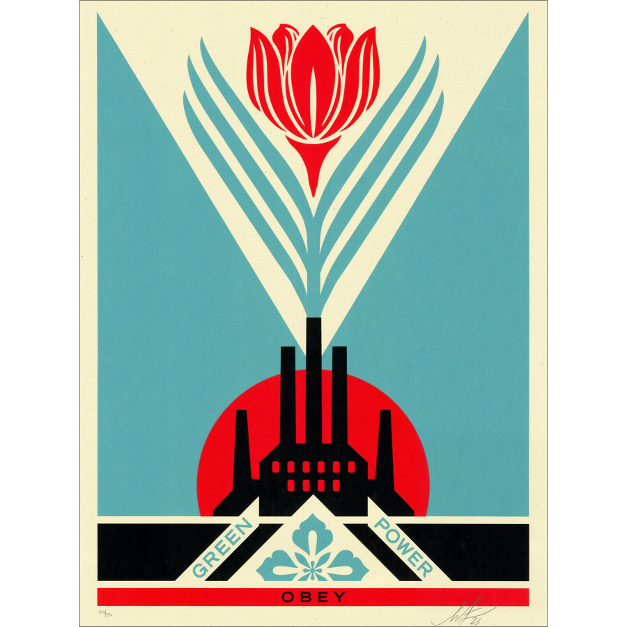 Shepard Fairey – Green Power Factory Blue, sérigraphie signée 2023