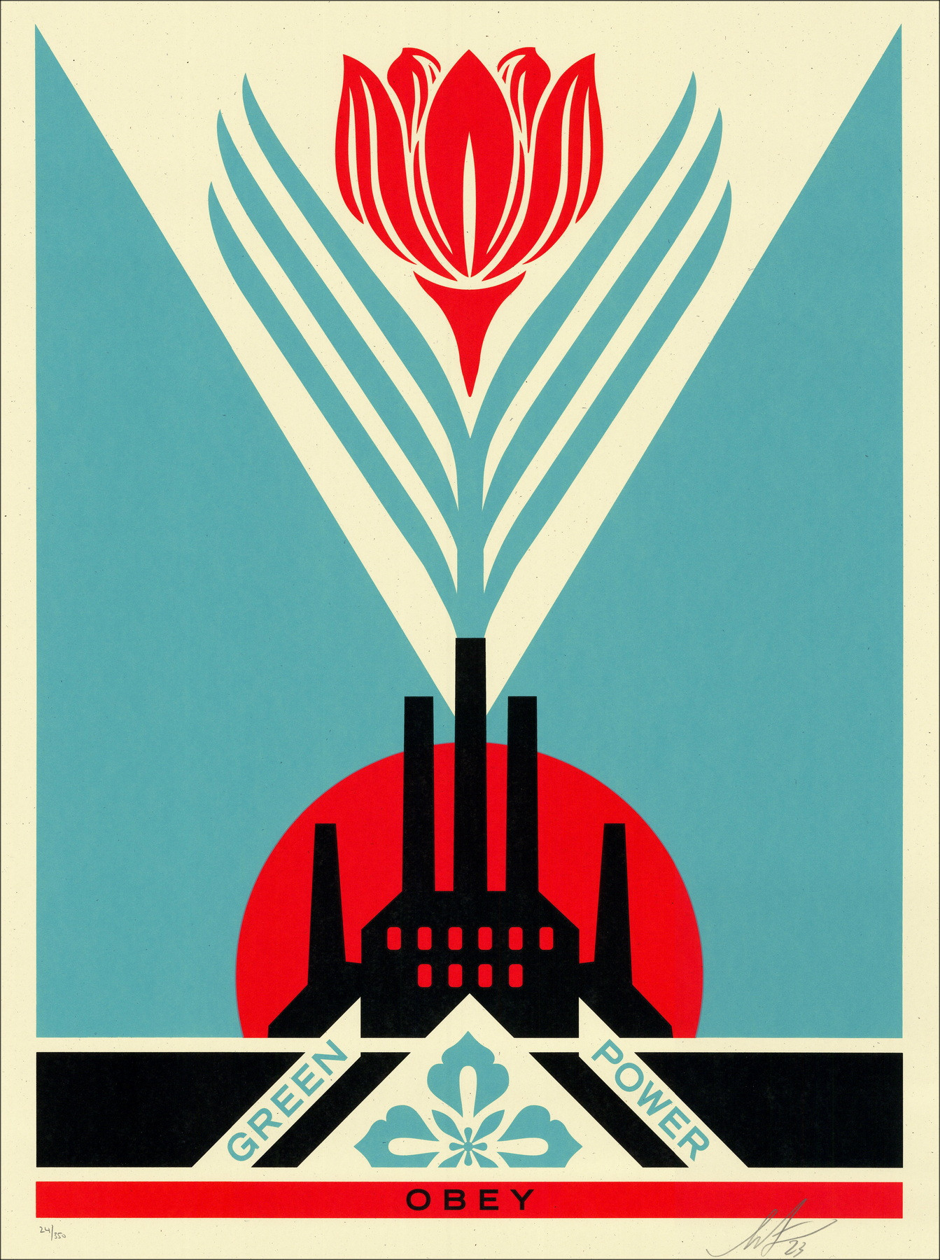 Shepard Fairey – Green Power Factory Blue, guión firmado 2023