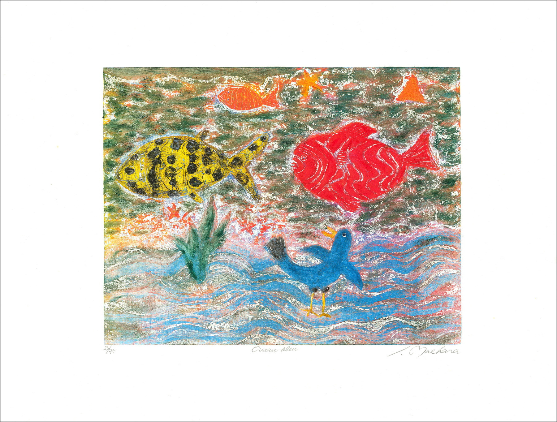 Shigehito Maehara - Blauer Vogel, Originalgravur signiert