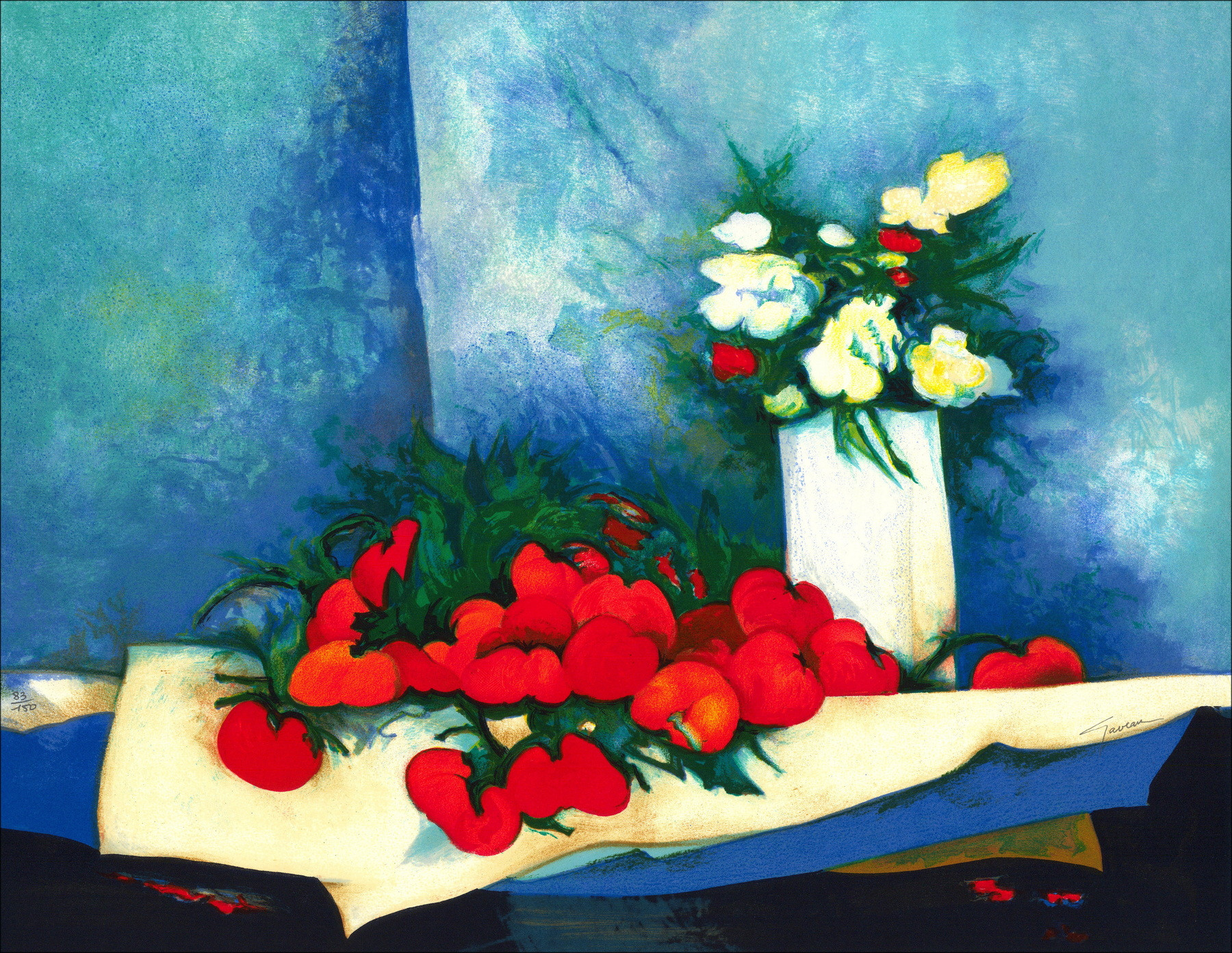 Claude Gaveau – Fleurs et tomates, lithographie signée, 1998