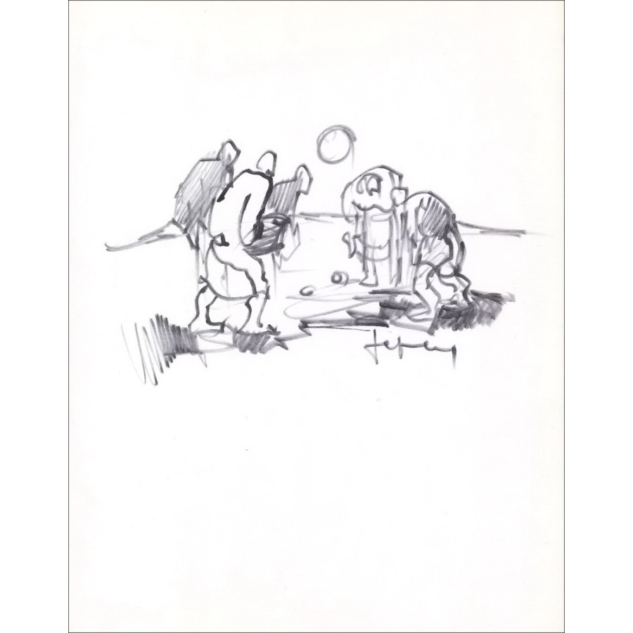 FRIBOULET Jef - Originalzeichnung in Tinte "Charaktere am Strand von Fécamp" 27x21cm - 1963
