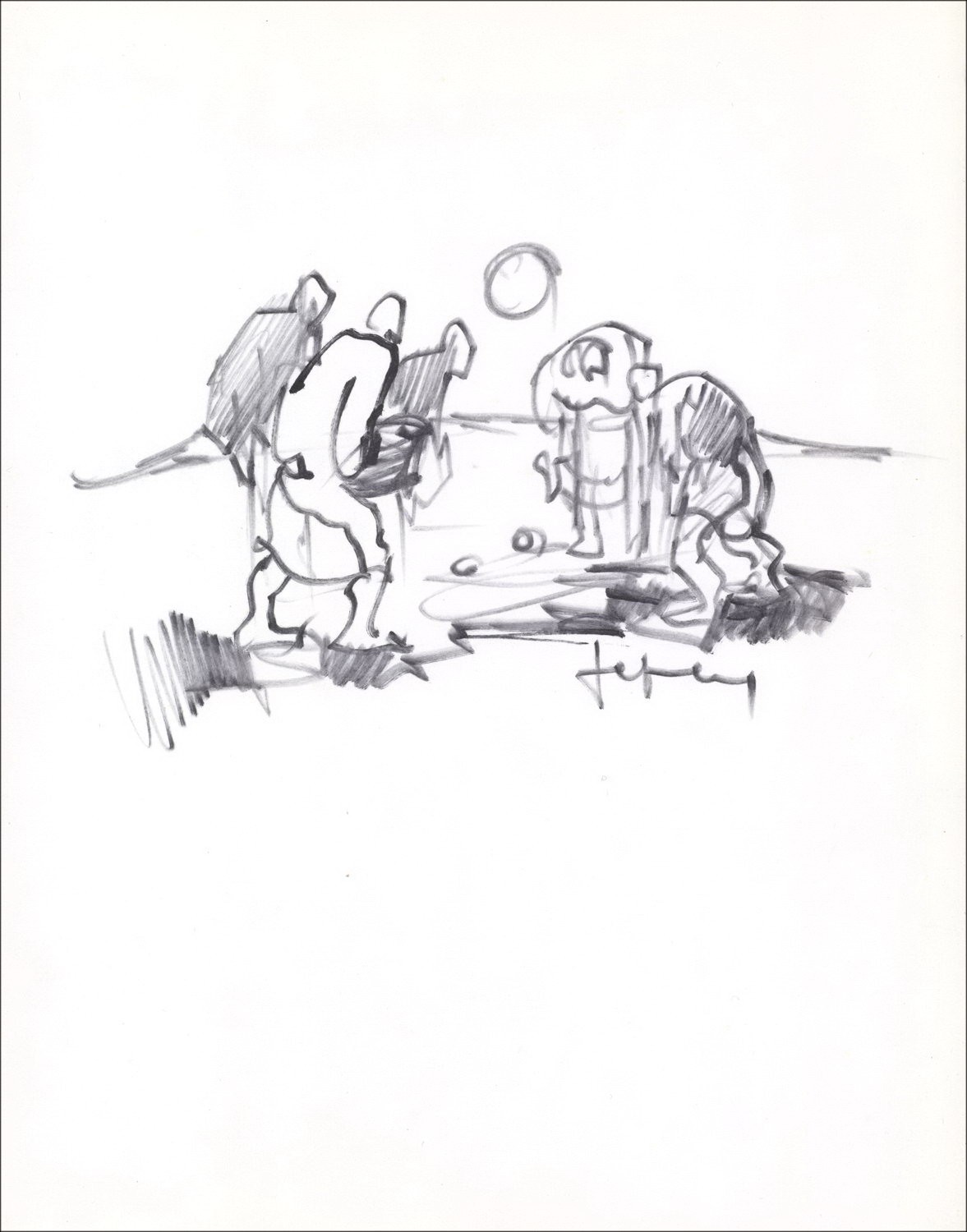 FRIBOULET Jef - Dibujo original en tinta "Personajes en la playa de Fécamp" 27x21cm - 1963