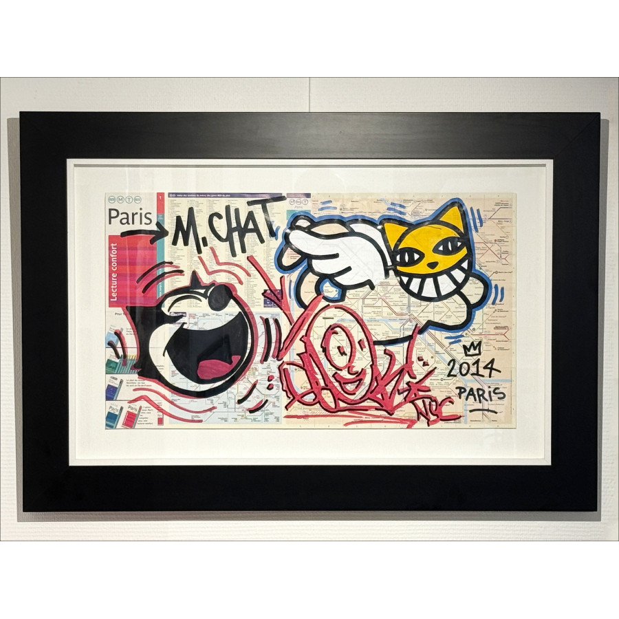 M. Chat & Quik – Félix et Mr Chat, peinture sur carte de métro - 2014