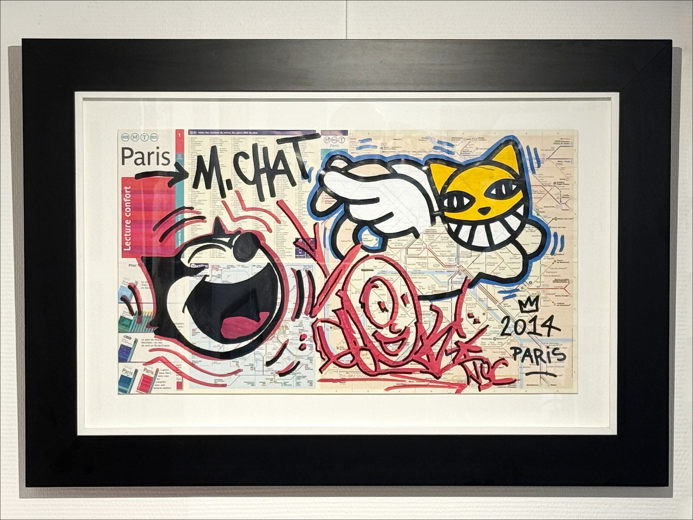 M. Chat & Quik – Félix et Mr Chat, peinture sur carte de métro - 2014