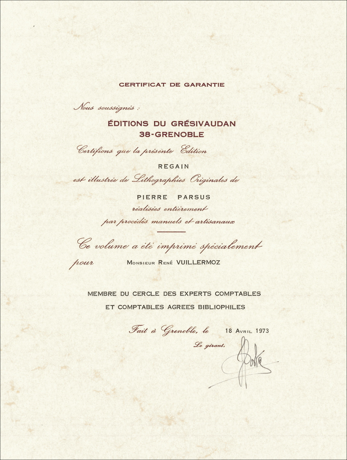 Pierre Parsus – Regain, portfolio avec lithographies, 1972