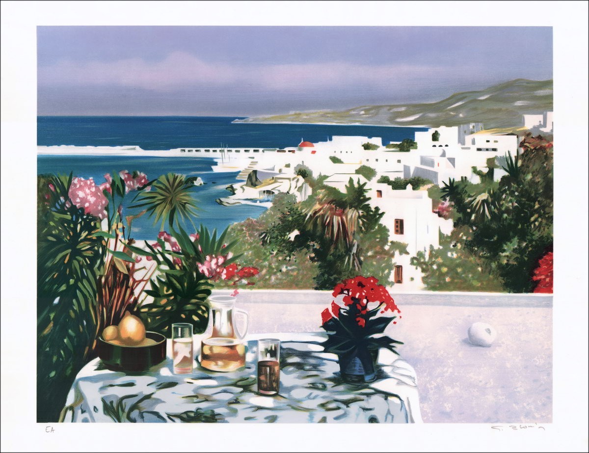 BLOUIN Georges - Original Lithograph "Aperitif in Greece" signed and numbered in pencil