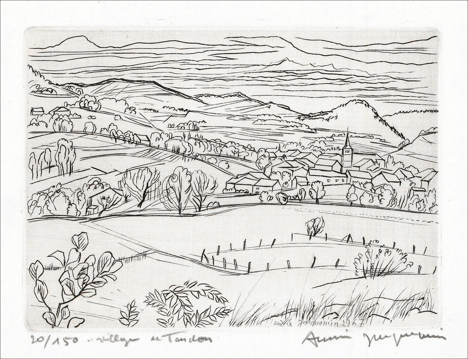 André Jacquemin – Gravure Village de Tendon, 1967