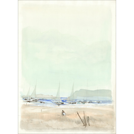 Guy Ribes - Original Aquarell Segelboote in Ebbe