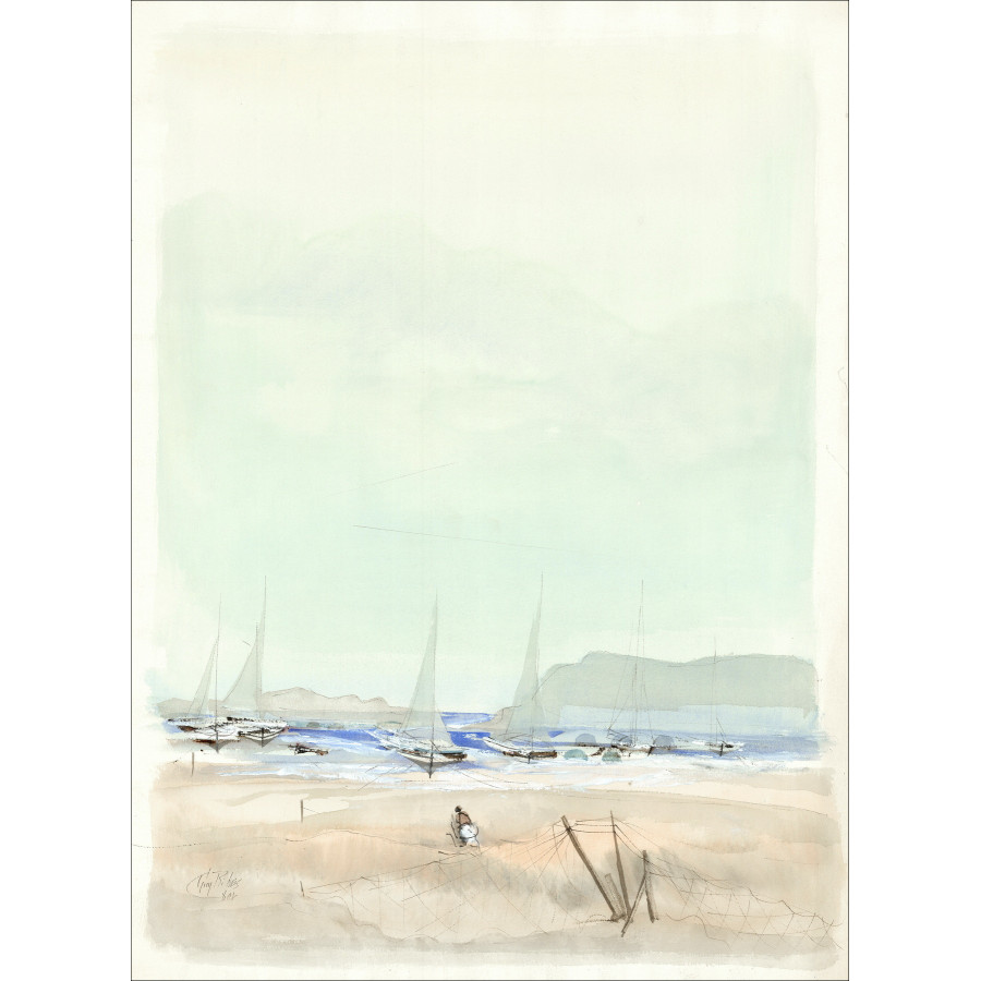 Guy Ribes - Original Aquarell Segelboote in Ebbe