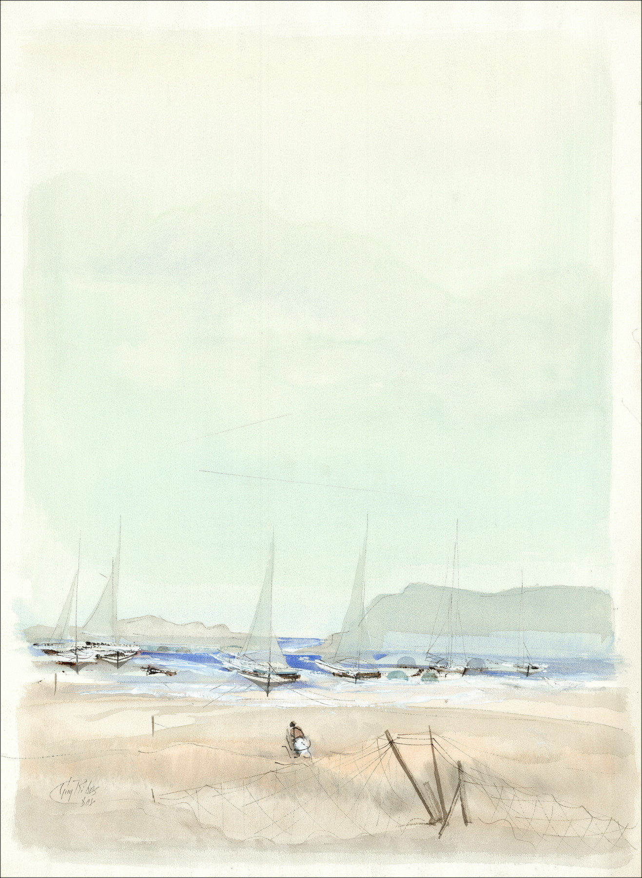 Guy Ribes – Acuarela original Barcos de vela de baja marea