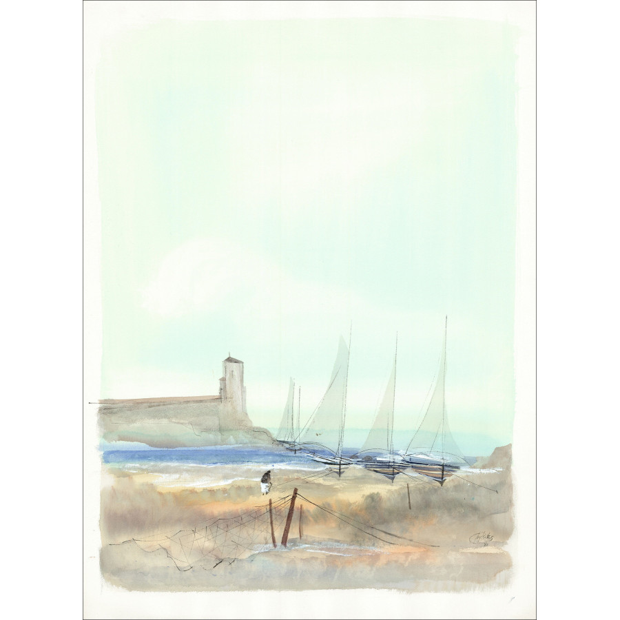 Guy Ribes - Watercolor Sailboats at the edge of the shore