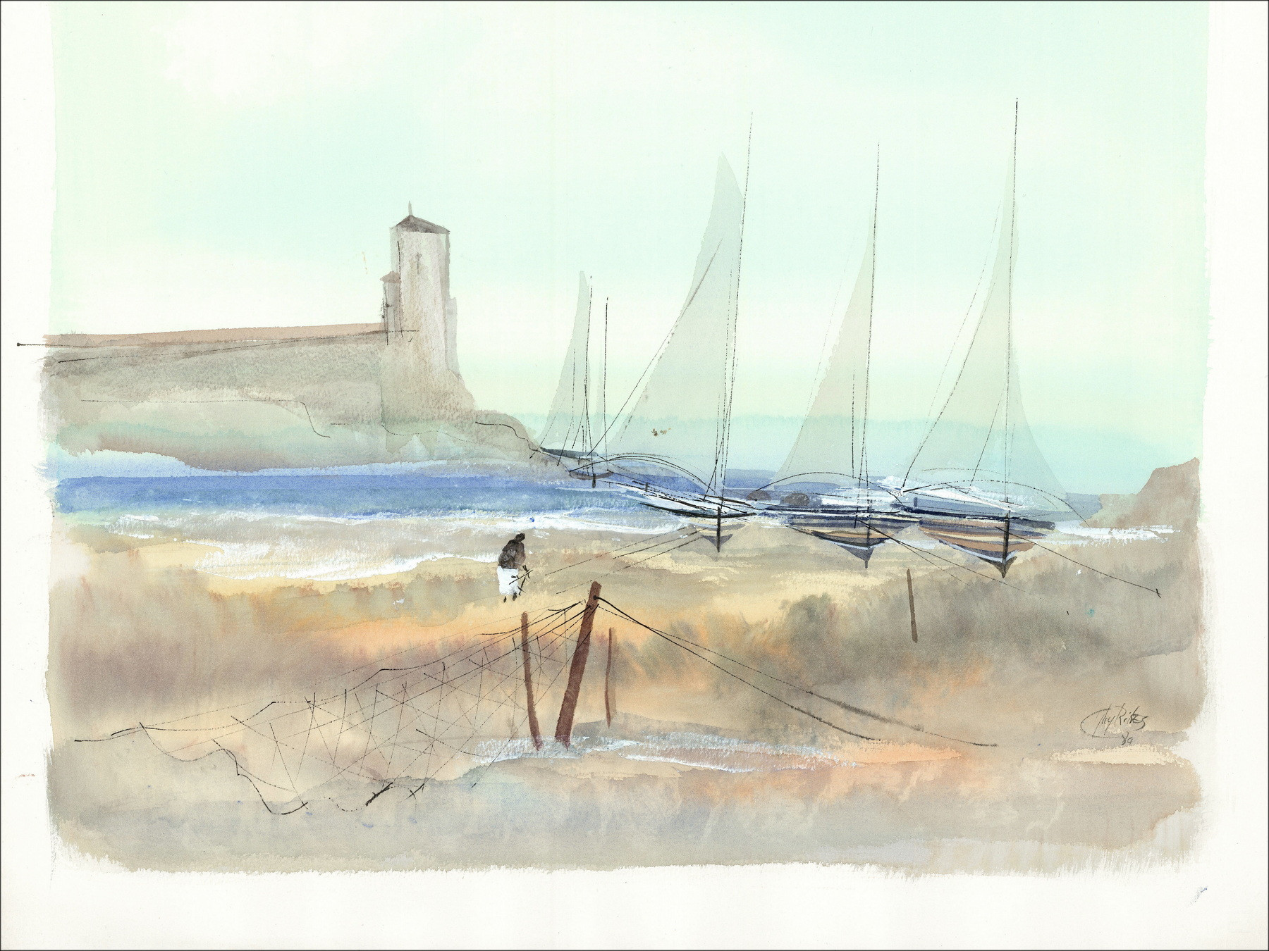 Guy Ribes - Watercolor Sailboats at the edge of the shore
