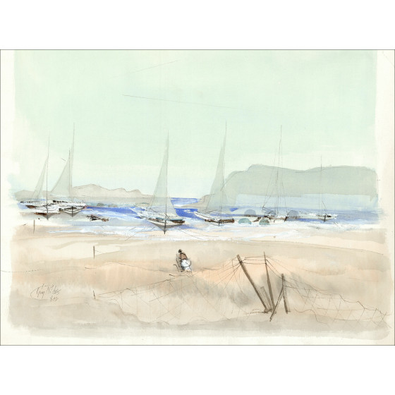 Guy Ribes - Original Aquarell Segelboote in Ebbe