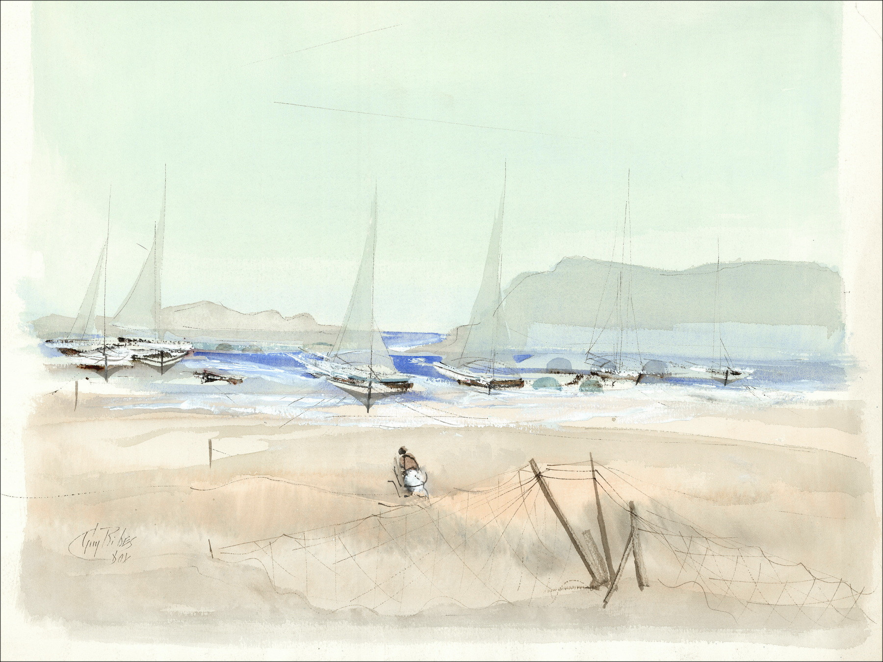 Guy Ribes - Original Aquarell Segelboote in Ebbe