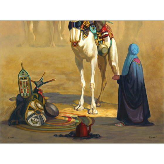 Hocine Ziani - Litografía original "La llegada al campamento" 72x56cm