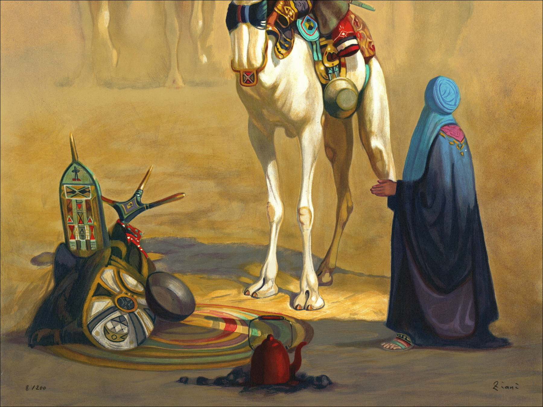 Hocine Ziani - Litografía original "La llegada al campamento" 72x56cm
