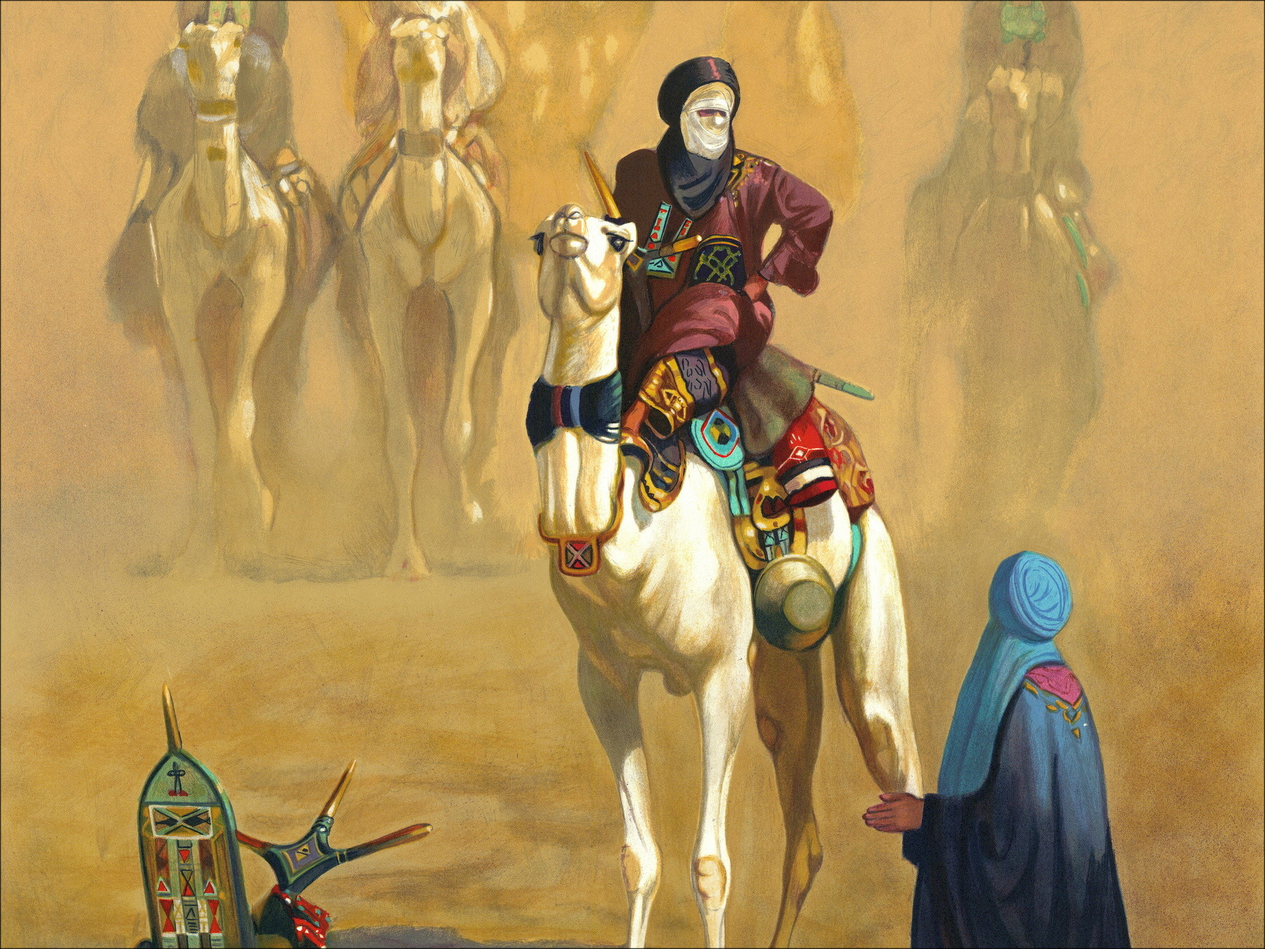 Hocine Ziani - Litografia originale "L'arrivo al campo" 72x56cm