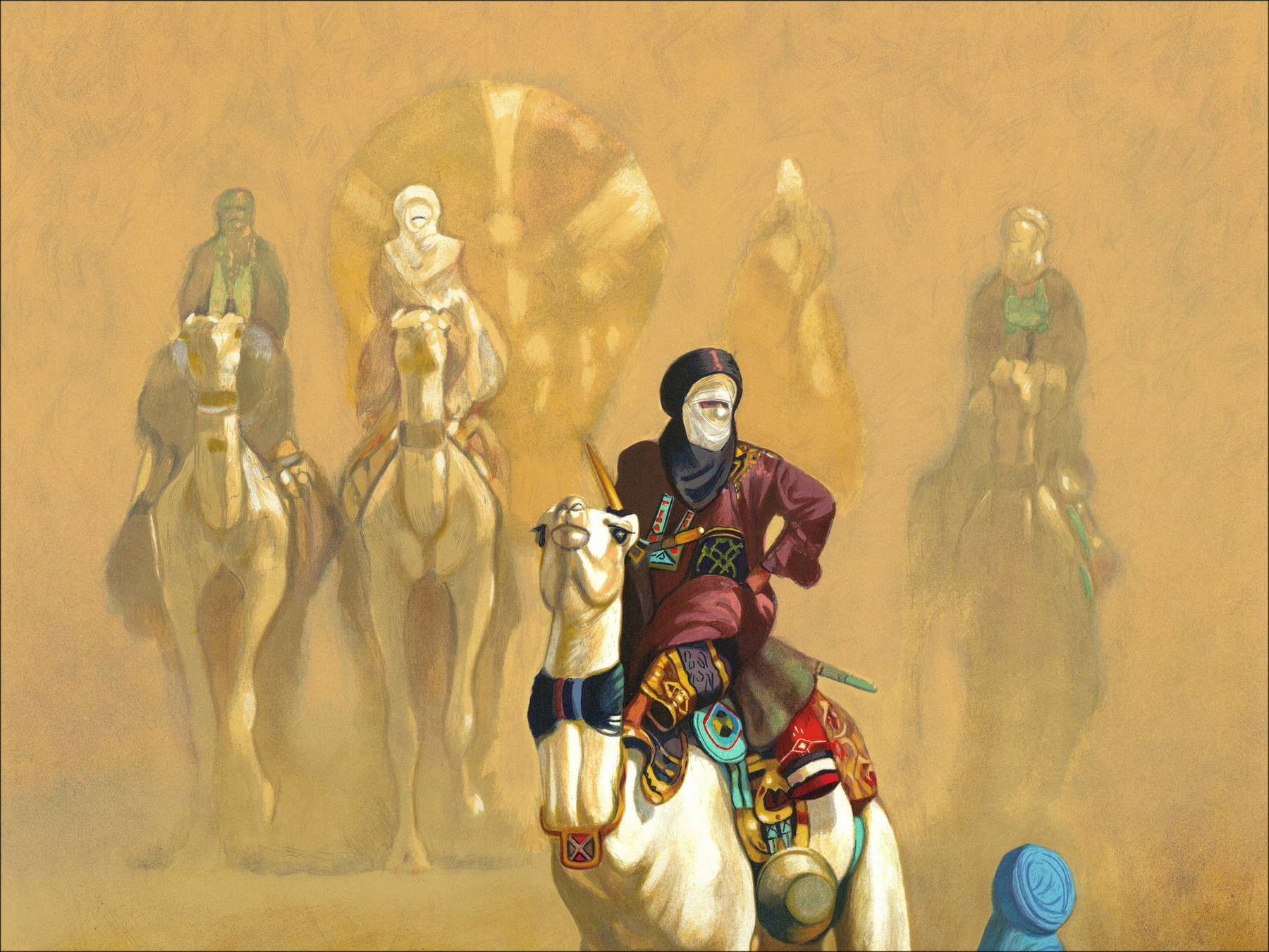 Hocine Ziani - Litografía original "La llegada al campamento" 72x56cm