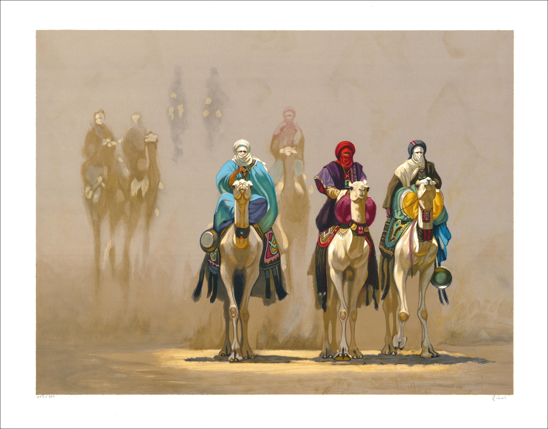 Hocine Ziani - Originele litho "The Three Bedouins" 59x76cm