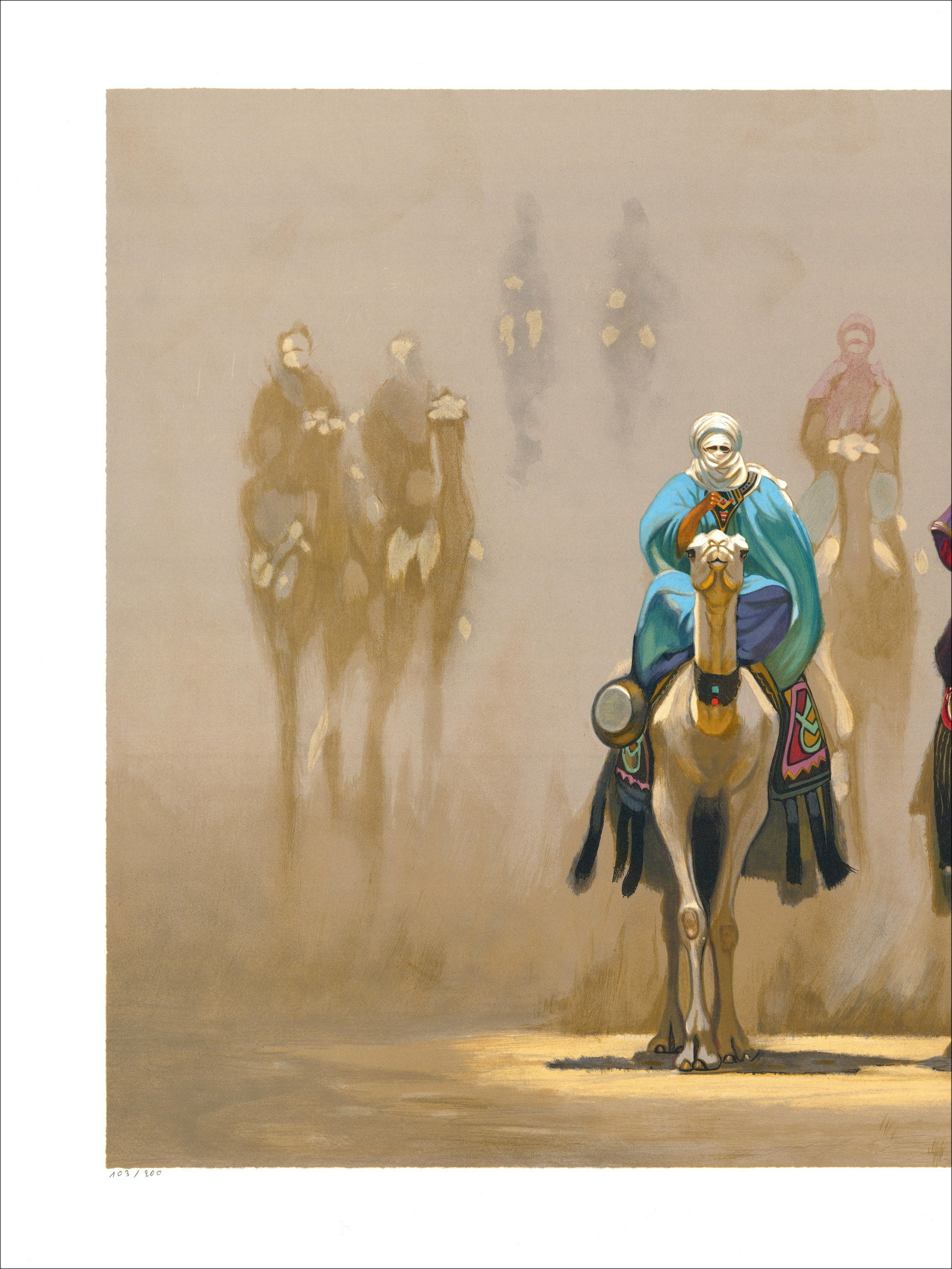 Hocine Ziani - Litografia originale "I tre beduini" 59x76cm