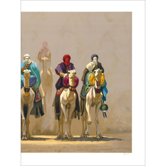 Hocine Ziani - Litografia originale "I tre beduini" 59x76cm