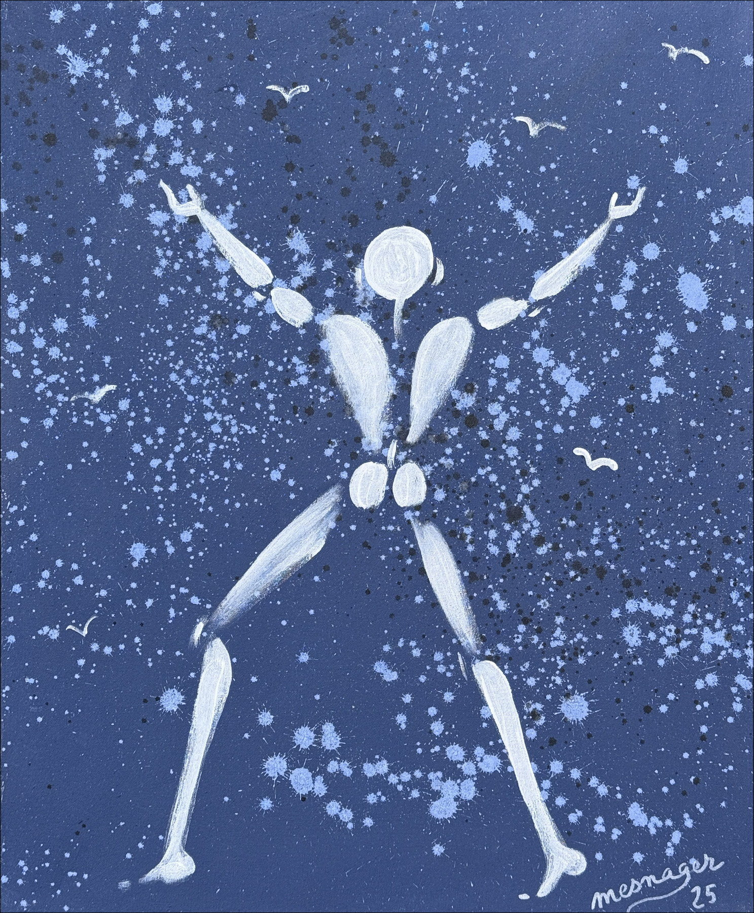 Jérôme Mesnager - Hombre en blanco, pájaros, pintura sobre lienzo