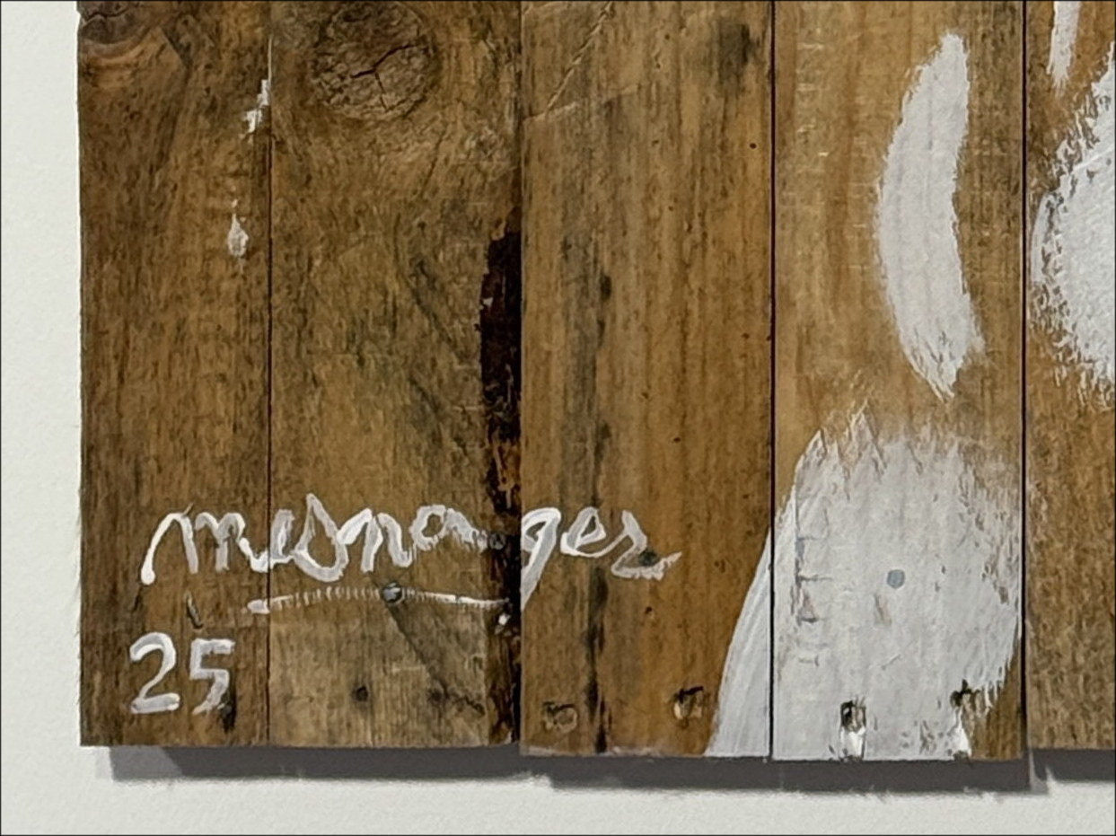 Jérôme Mesnager - Pittura su in legno Palisade, uomo in bianco 2025