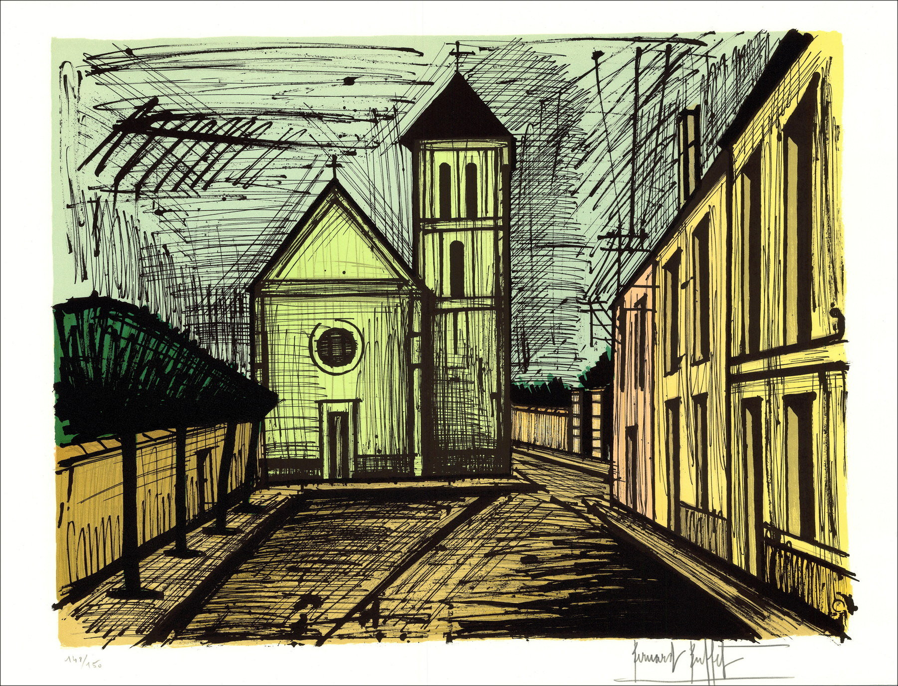 Bernard Buffet – Église de Verrière, lithographie originale, 58x76cm