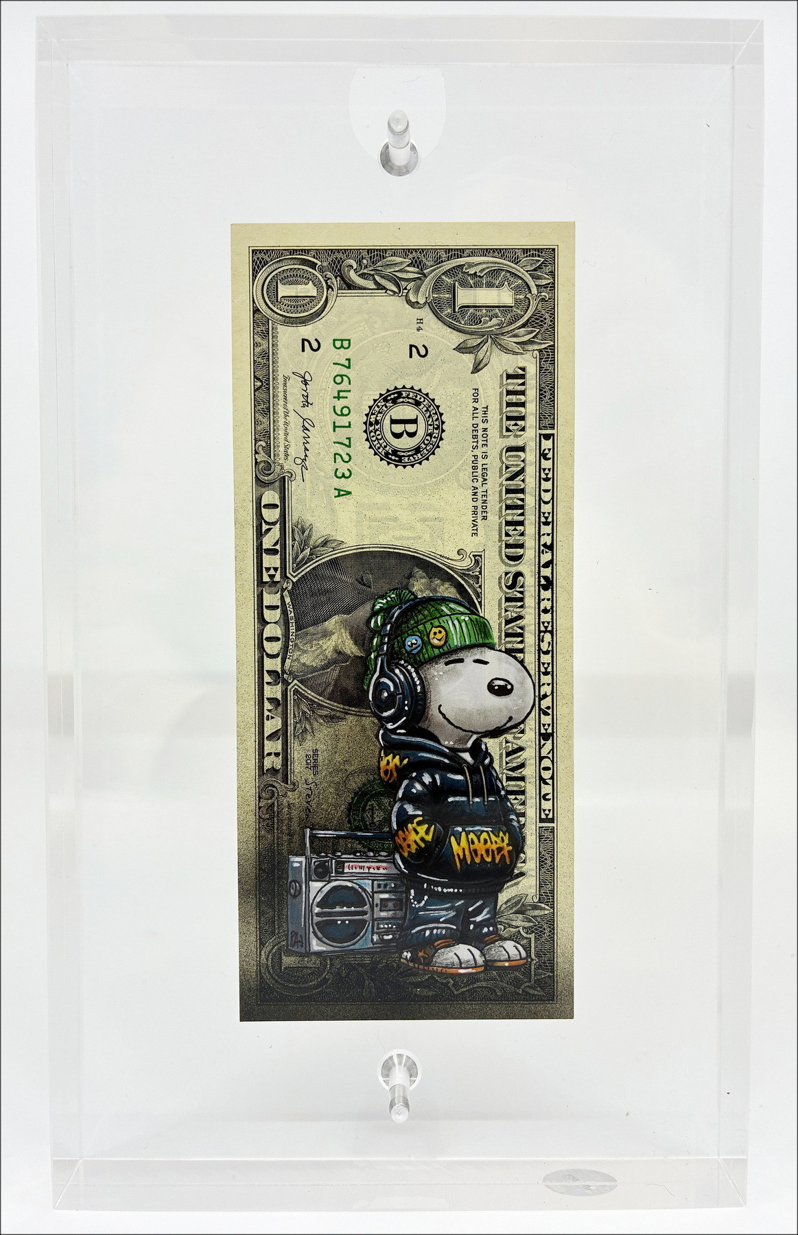 Snoopy auf dem Dollar-Ticket - Pazblandina signiert Zeichnung