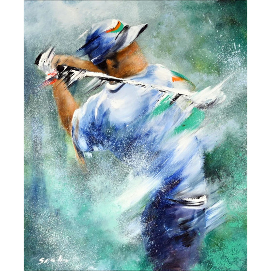 Victor Spahn, Golfer The Swing, Original Painting Oil On Canvas