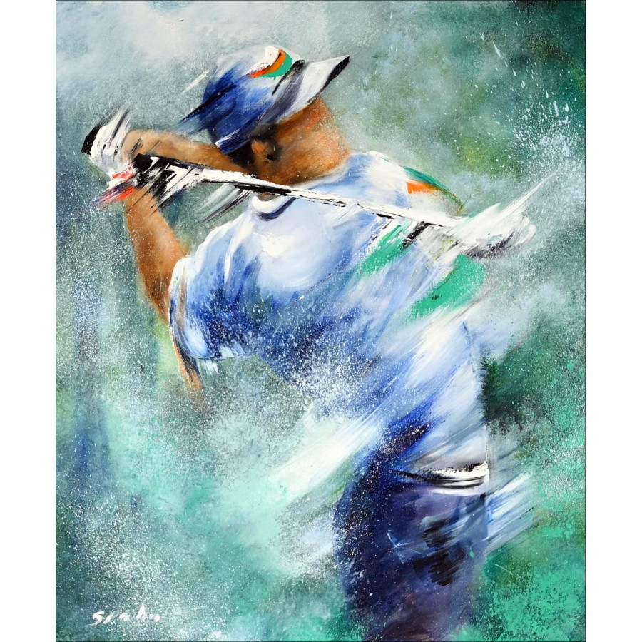 Victor Spahn, Golfer The Swing, Original Painting Oil On Canvas