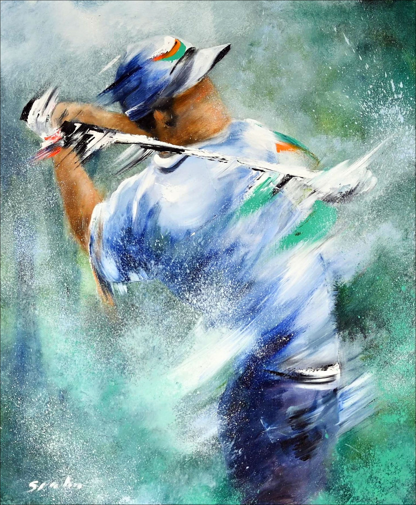 Victor Spahn, Golfer The Swing, Original Painting Oil On Canvas
