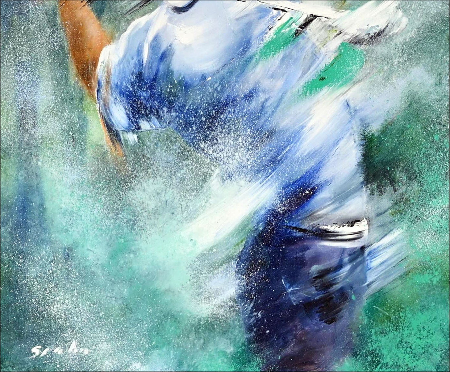 Victor Spahn, Golfeur le swing, peinture originale huile sur toile